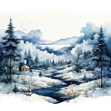 Winter's Night Scenes Watercolor Clipart Set for Festive and Cozy Creations