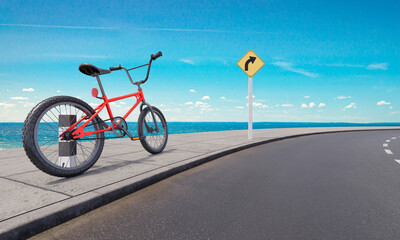 Fototapeta premium red bicycle is parked on the side of the road. At the curve there is a view of the sea.3D rendering.