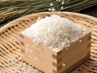 新米のイメージ。パラパラと枡に落ちる米。
