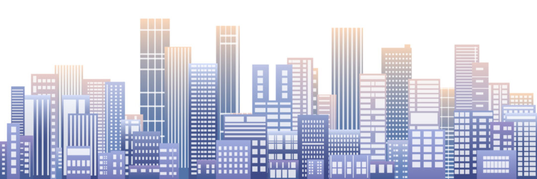Panorama in frat style, header images for web. City buildings of business district. Vector illustration simple geometric Urban silhouette landscape. Abstract horizontal banner, background cityscape.