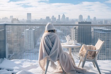 a serene winter scene on a balcony overlooking a snow-covered cityscape. A solo figure, draped in a vibrant blanket, sits comfortably on a chair, holding a hot cup of tea