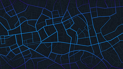 View from above the map buildings. Detailed view of city. Tracking location. City top view. Vector, illustration isolated. Abstract black transportation background. Digital flat design streetmap.