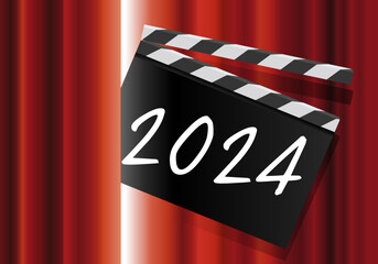 Pour présenter la nouvelle année, un clap de cinéma avec l’inscription 2024, passe au travers du rideau rouge d’une scène de spectacle.