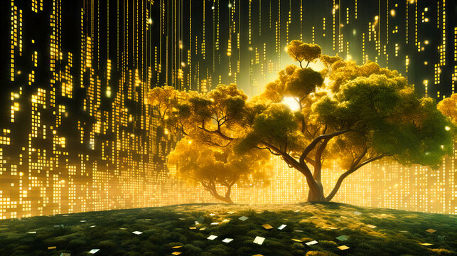 Digital financial forest with binary trees growing data fruits,