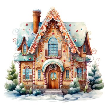 Gingerbread house Watercolor Cartoon Style Christmas Day