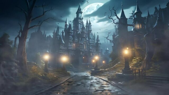 Night scene with scary old gothic architecture castle with Cartoon or anime illustration style