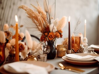 Beautiful fall table setting, autumn dinner table decoration with flowers and candles, holiday event decor in orange and yellow colors