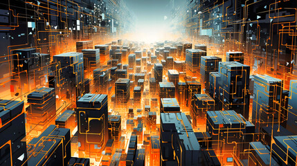 Labyrinth of firewalls in a sprawling digital cityscape - Powered by Adobe