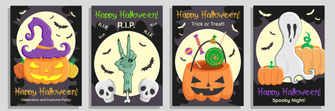 Four Halloween posters with jack o lantern pumpkin, dead zombie hand and skulls, sweets, ghost and a full moon with flying bats on the background. Party posters, decorations.