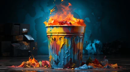 Rolgordijnen The trash can burns with colorful fire , Generative AI © Dzmitry