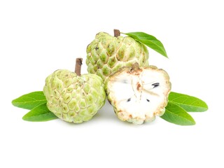 Fresh organic custard apples placed on a white background.