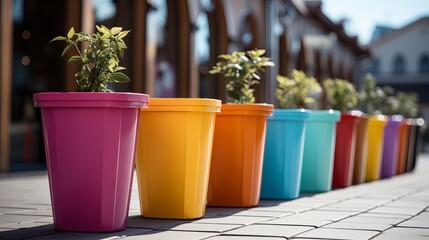 Multi-colored flower pots on the street ,Generative AI