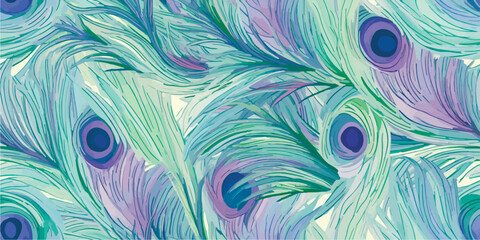 Seamless vector pattern with peacock feather, soft muted pastels beige blue green background. Design for cosmetics, perfume, beauty products. Can be used for greeting card, wedding invitation