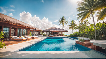 Fototapeta na wymiar Beautiful house with swimming pool, palm trees