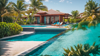 Beautiful house with swimming pool, palm trees