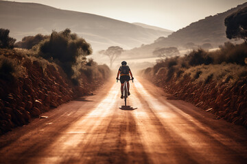 A man with a backpack walks along a dirt road in the countryside