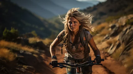 Fototapeten Generative ai illustration of Young woman riding a mountainbike © pbombaert