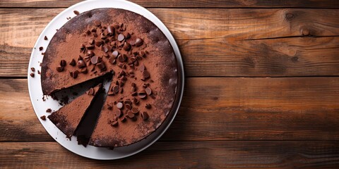 Sweet temptation. Dark chocolate cake on wooden table. Delightfully sinful. Closeup of gourmet...