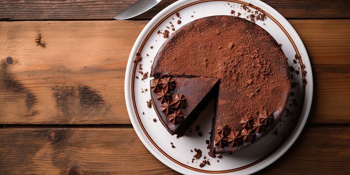 Sweet temptation. Dark chocolate cake on wooden table. Delightfully sinful. Closeup of gourmet dessert. Homemade cocoa