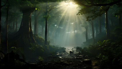 Fantasy forest with fog and sunbeams