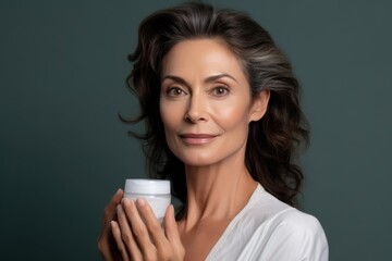 Portrait of a fifty year old brunette with a well-groomed rejuvenated face with a jar of cream in...