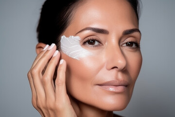 Portrait of a fifty year old brunette woman with moisturizer applied to her face, close-up. Concept of rejuvenation.