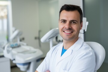 Male portrait of a smiling albanian dentist in the background of a dental office.