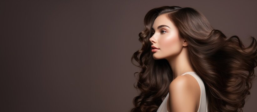 Banner with a beautiful shade girl with gorgeous waving hair on a brown background.