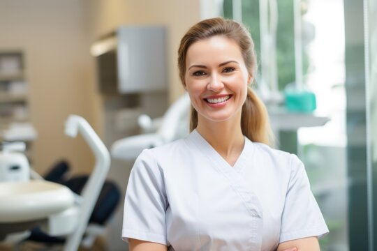 Female portrait of smiling slavic dentist on background of dental office.