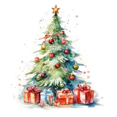 Fototapeta na wymiar Watercolor Christmas Tree with Gift Boxes Illustration