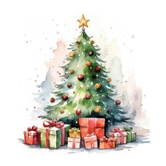 Watercolor Christmas Tree with Gift Boxes Illustration