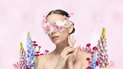 Banner. Poster. Contemporary art collage. Close up portrait of attractive girl with tender flowers elements over her face agains light pink background.