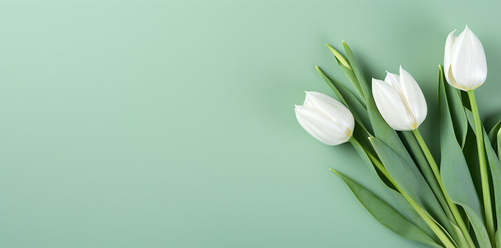 White tulips on a green background for mock up, presentation, backdrop, congratulations, birthday, wedding  - Powered by Adobe