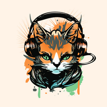 Funny cat in fashionable graffiti style headphones and sunglasses. Design for printing on t-shirts. Vector image