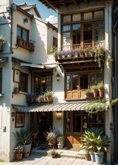 Restaurant exterior, Courtyard cafe, outdoor dining area.