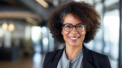 curly-haired businesswoman in office
