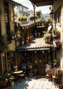 Restaurant exterior, Courtyard cafe, outdoor dining area.