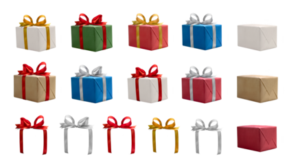 A collection of multi coloured presents with the choice of different coloured ribbon bows including red, gold and silver isolated against a transparent background.