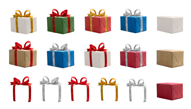 A collection of multi coloured presents with the choice of different coloured ribbon bows including red, gold and silver isolated against a transparent background.