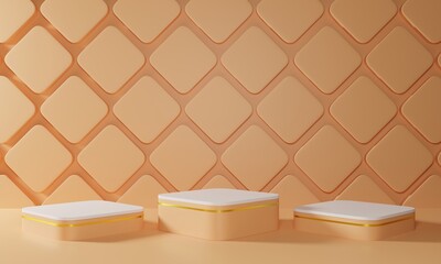 Rose pink podium and golden ball in studio room.3drandering.
