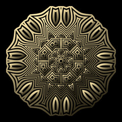 Golden patterned circular token. Embossed emblem or badge design. Abstract tribal symbol or sacred sign.
