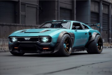 Fototapeta premium Illustration eines blauen cyberpunk Autos