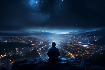 Man sitting on top of mountain and looking at night city