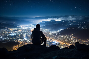 Silhouette of man sitting on rock and looking at night city