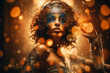 Double-exposure photo a disco ball and a disco dancer in motion. The overlapping elements create a surreal and visually striking of the disco era's energy and glamour. Generative AI
