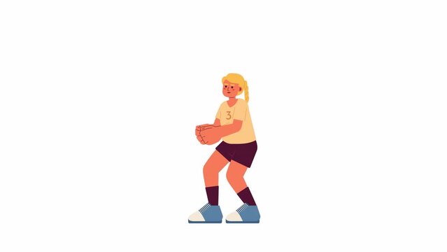 Volleyball libero playing defense 2D character animation. Volleyball player position flat cartoon 4K video, transparent alpha channel. European woman hand grip animated person on white background