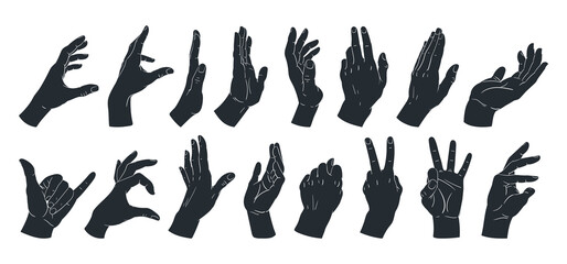 Hands gesture silhouettes. Cartoon human signs, peace, okay, call position. Hand palms gestures flat vector illustration set