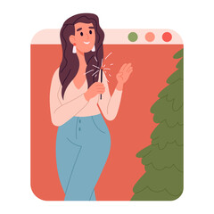 Xmas event online celebration. Young woman on smartphone screen, Christmas video congratulations on gadget screen flat vector illustration