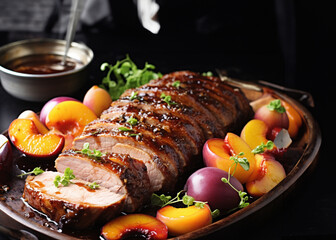 Glazed Pork with Fresh Plums on black background, christmas delicacies