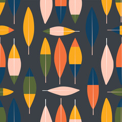 Multicolored feathers look like autumn leaves on a black background form a cute contemporary seamless pattern for printing on fabric. Vector.